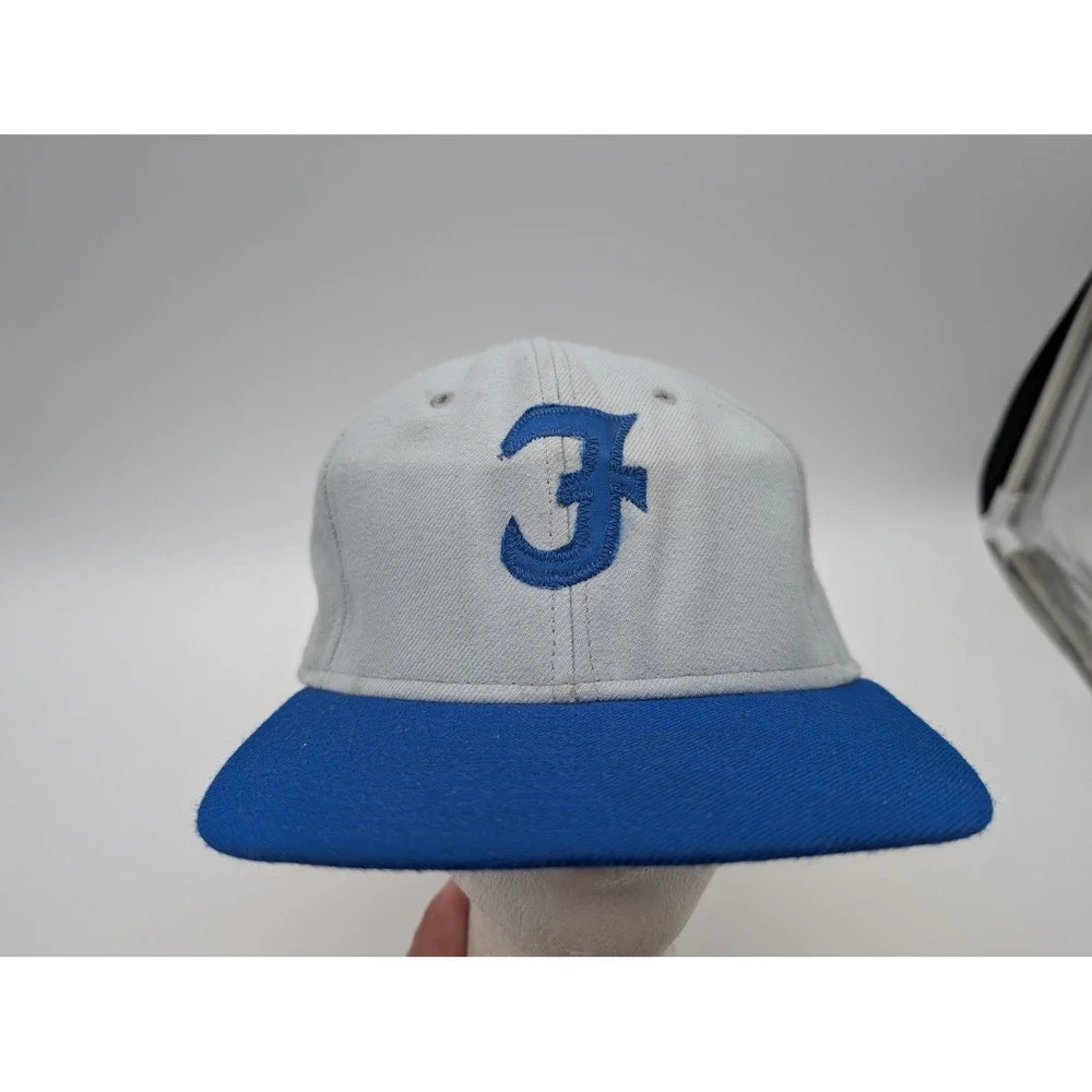 Vintage DeLONG Snapback Hat Grey Blue Letter F Baseball Cap Made in USA Med-LG